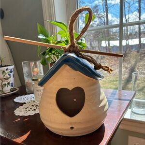 Ceramic Heart Cutout Birdhouse with Blue Roof